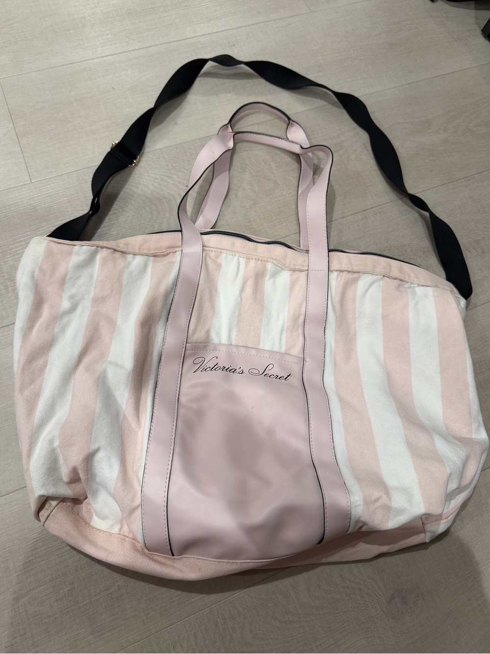 Victoria's Secret Pink & White Striped Canvas Tote with Black Strap